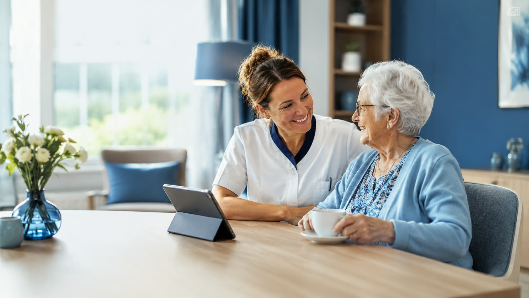 Verzorgende en bewoner in gesprek aan tafel, met een tablet binnen handbereik